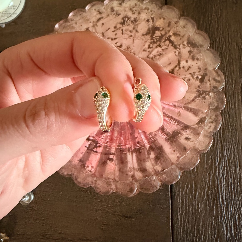 Gold-Tone Snake Crystal Stud Earrings with Green Eyes